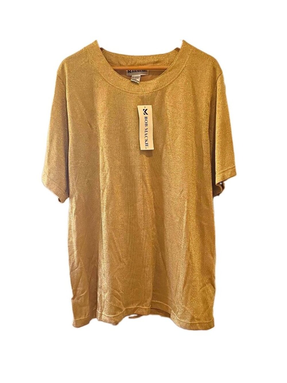 Bob Mackie Gold Top Blouse Metallic Knit Pullover Short Sleeve Round Neck 2X